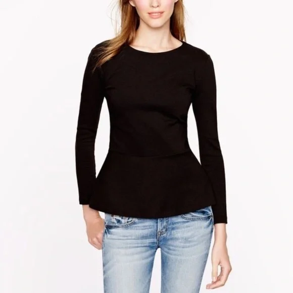 J. Crew Black Ponte Knit Peplum Long Sleeve Top Exposed Zipper Stretch Blouse - Picture 2 of 10